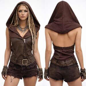 SUGARFLY Faux Leather Distressed Hooded Vest Belted Oversized Hood Dark Brown M